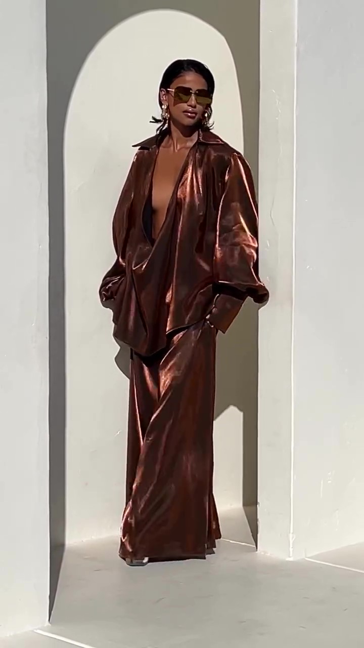 Deep V Neck Shirt Wide Leg Pants Set-ROVOLE