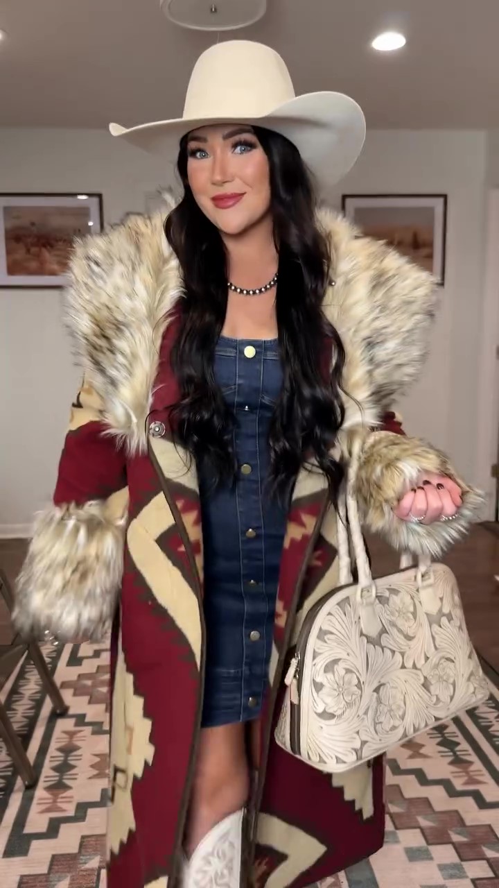 Large fur collar printed long coat