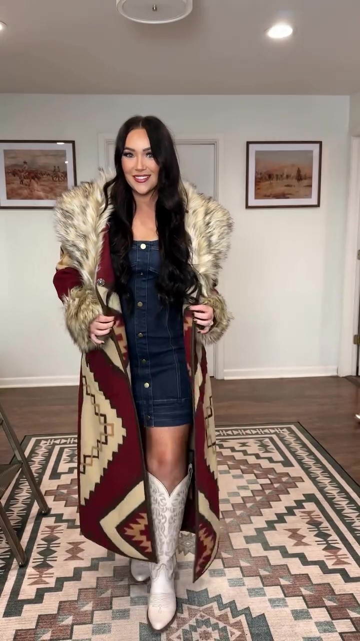 Large fur collar printed long coat