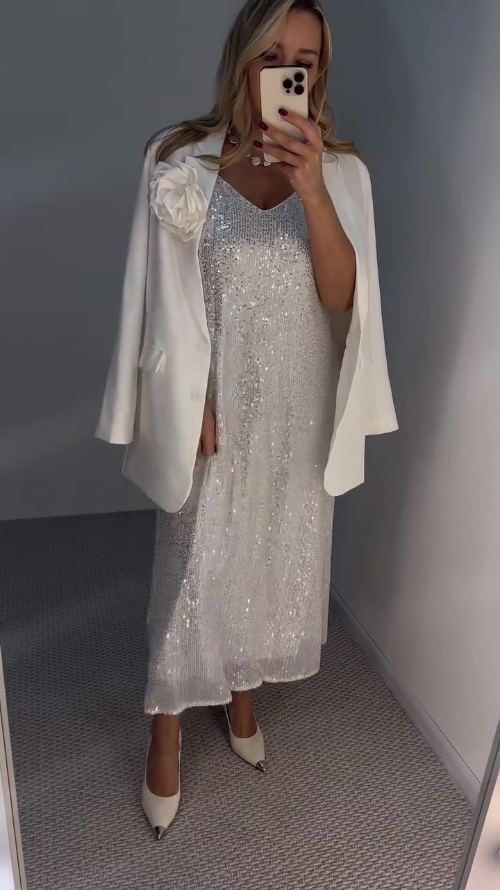 Designer chic suit + chic sequined dress