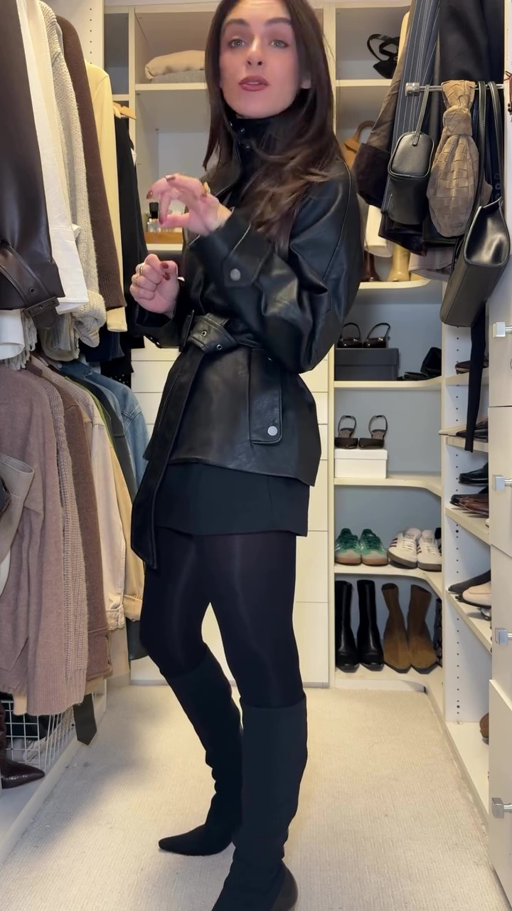 Designer black waisted windproof leather jacket