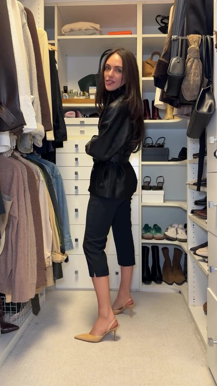 Designer black waisted windproof leather jacket