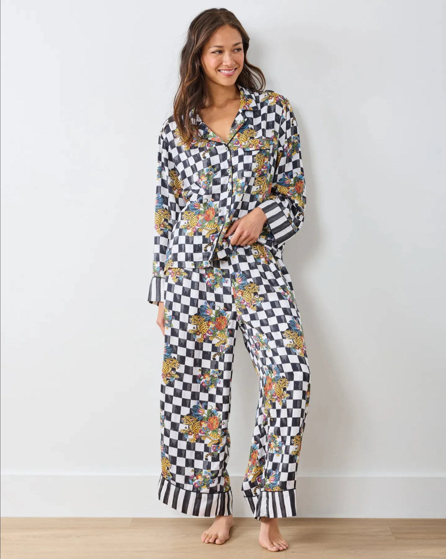 Checkered Leopard Floral Print Pajama Set