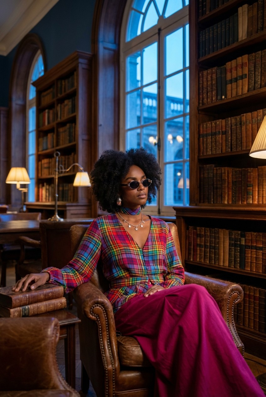 Women's Rainbow Plaid V-Neck Peplum Blouse and Wide Leg Pants Set