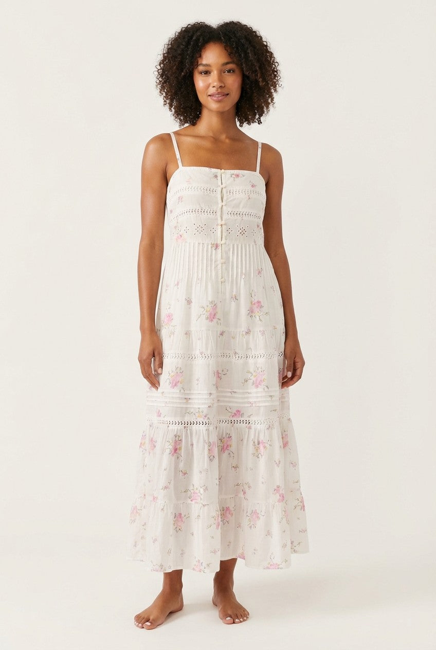 Floral Eyelet Cotton Midi Dress, Tiered Strappy Summer Sundress