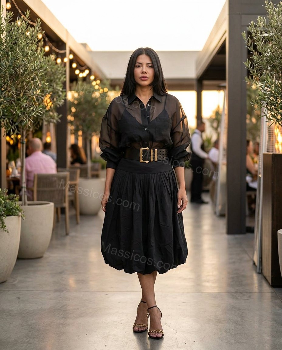 Black Muse Wedding Guest Pleated Skirt Set Black Skirt Set with Relaxed Fit silhouette and Textured texture, lifestyle scene image for Wedding Guest, a gallery evening, Fall current summer selling first with a light late-summer/pre-fall accent: make it we by Massicos