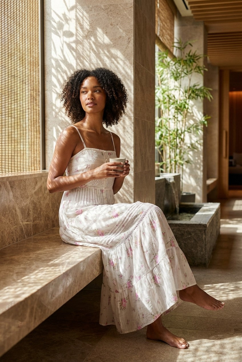 Floral Eyelet Cotton Midi Dress, Tiered Strappy Summer Sundress