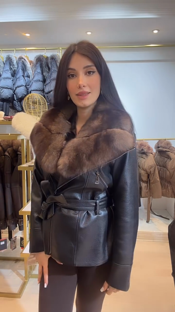 Brown fur-trimmed leather belt jacket