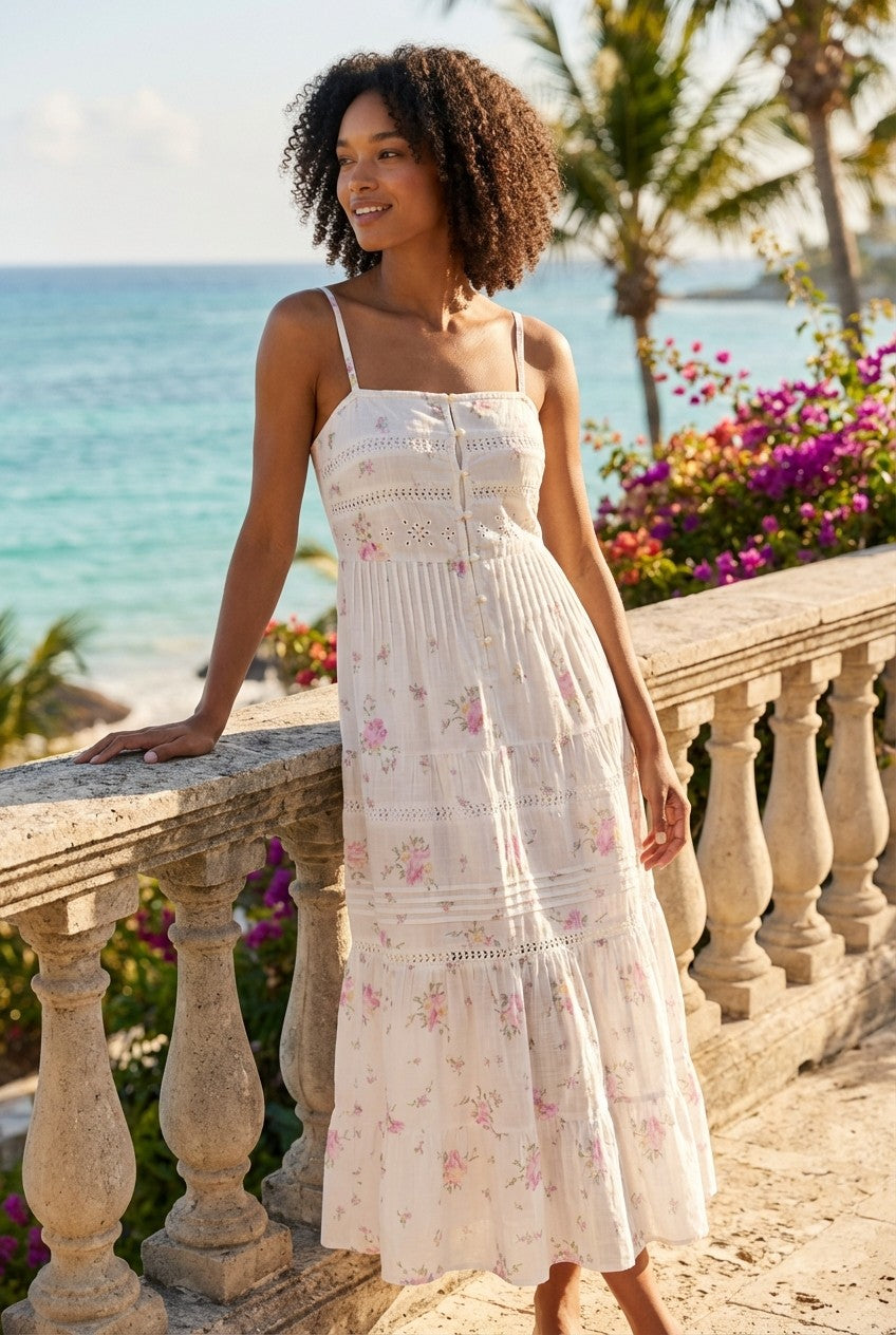 Floral Eyelet Cotton Midi Dress, Tiered Strappy Summer Sundress
