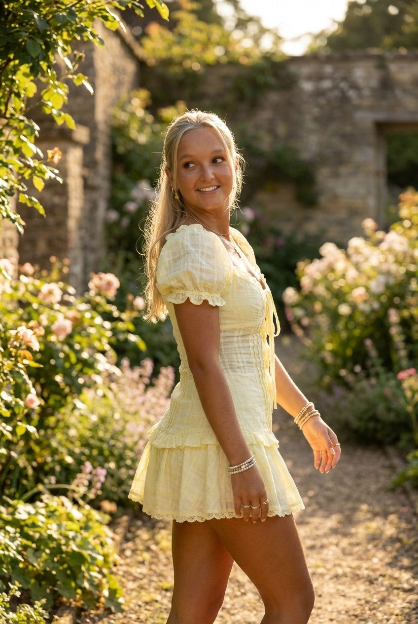 Lemon Lace Puff Sleeve Top & Mini Short Skirt Set