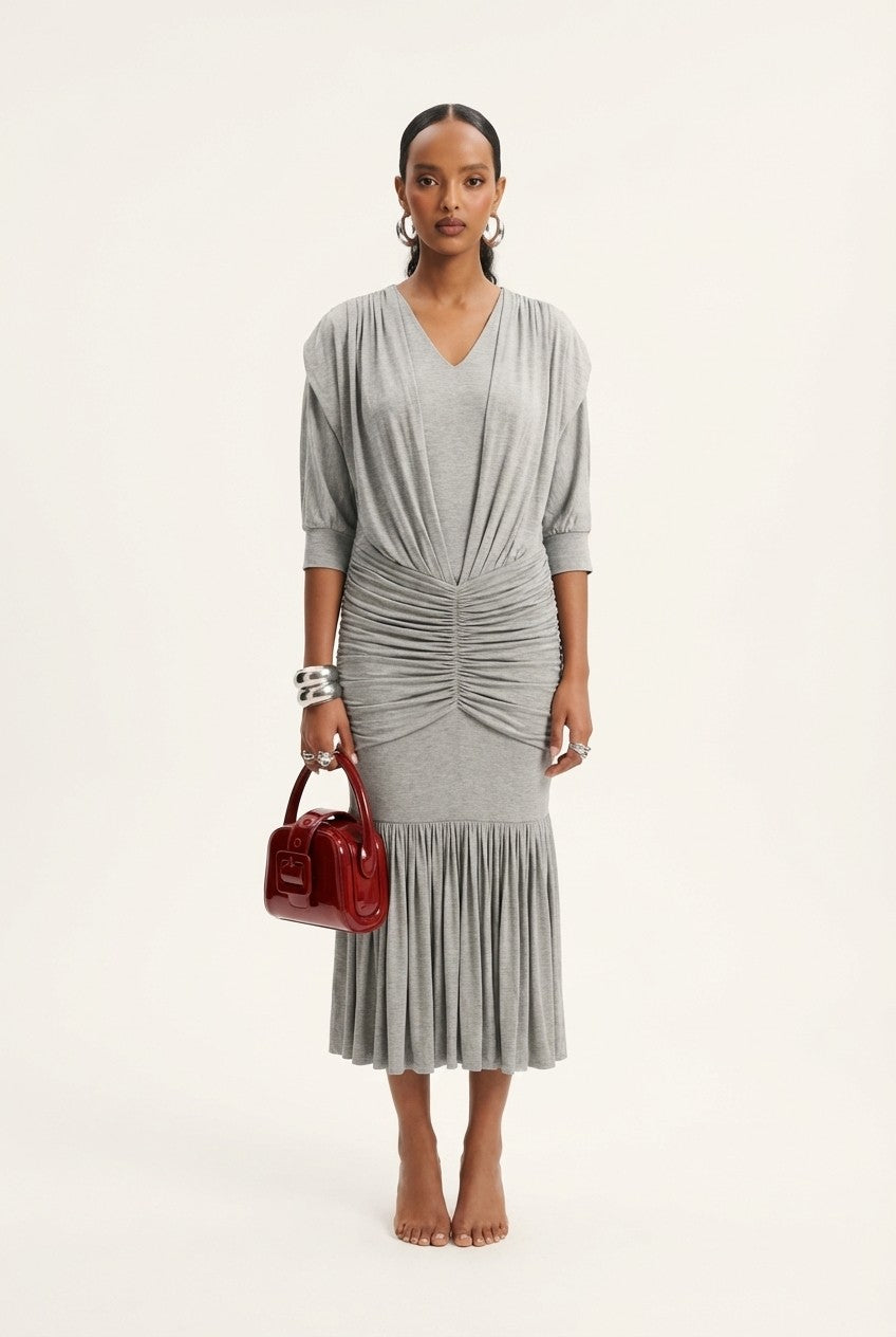 Women's Heather Jersey Ruched Midi Dress V-Neck Sophisticated Look