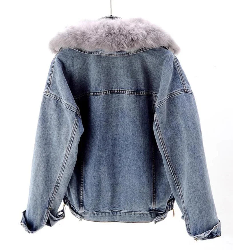 Light blue fur-lined hooded denim jacket-Massicos