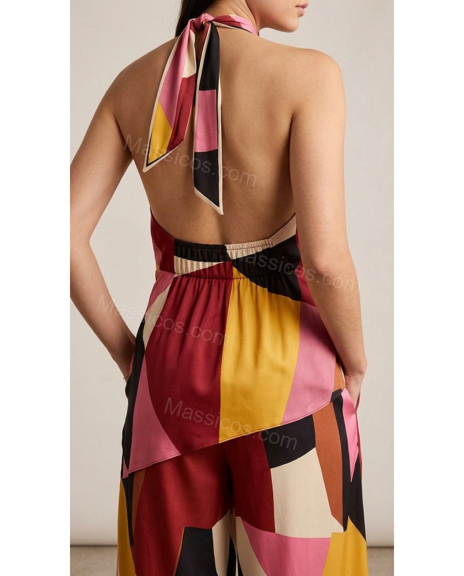 Red Solace Wedding Guest Abstract Print Jumpsuit Red Jumpsuit with Wide-Leg silhouette and Satin texture, additional styling view for Wedding Guest, a fall city dinner, Fall current summer selling first with a light late-summer/pre-fall accent: make it we by Massicos