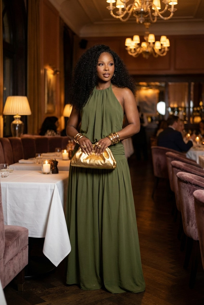 Olive Aura Draped Maxi Dress