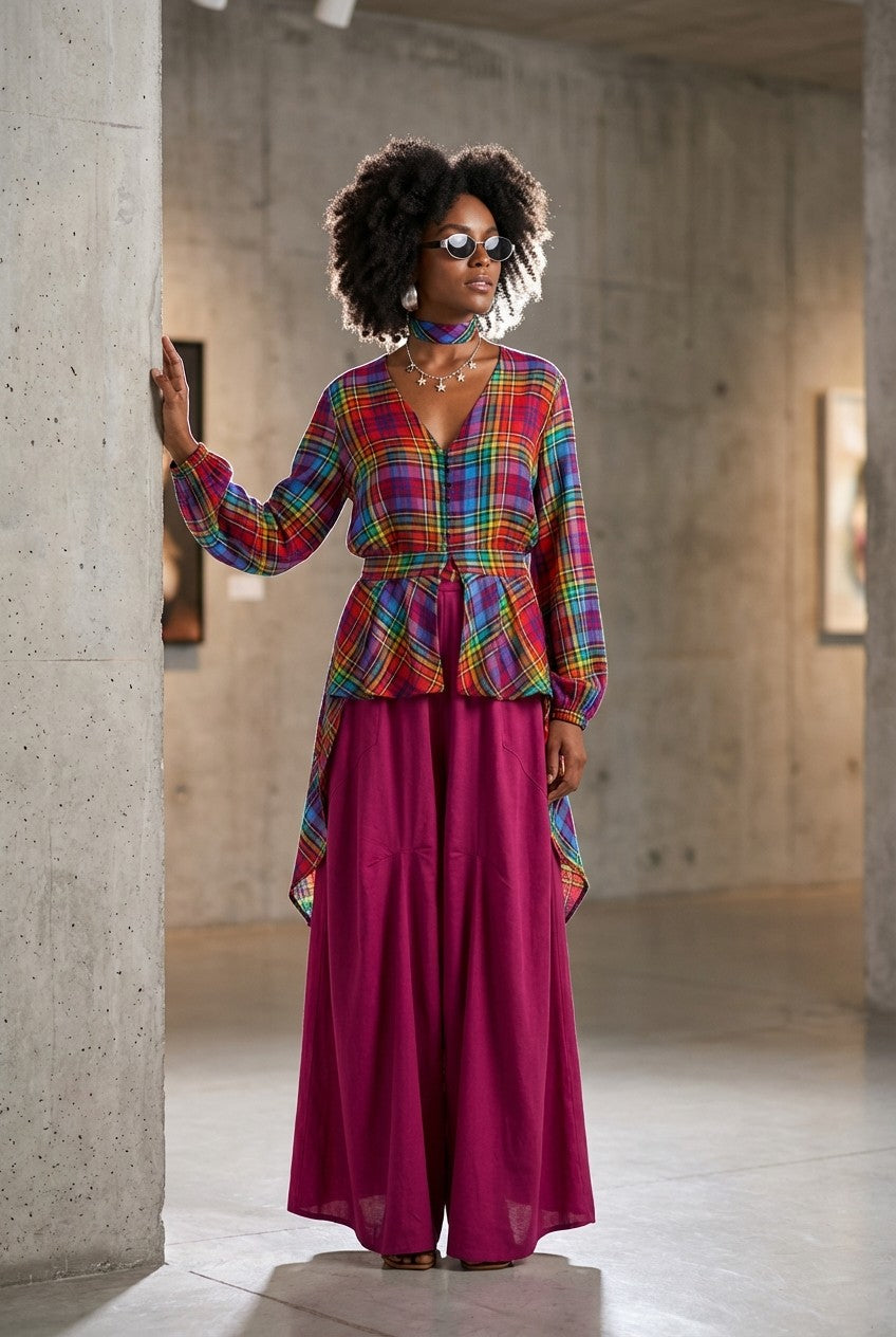 Women's Rainbow Plaid V-Neck Peplum Blouse and Wide Leg Pants Set