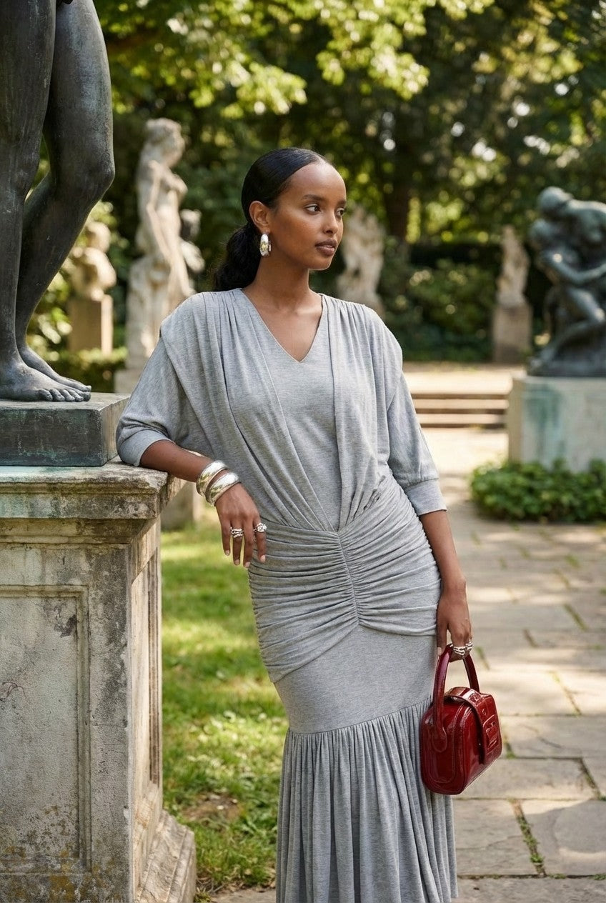 Women's Heather Jersey Ruched Midi Dress V-Neck Sophisticated Look