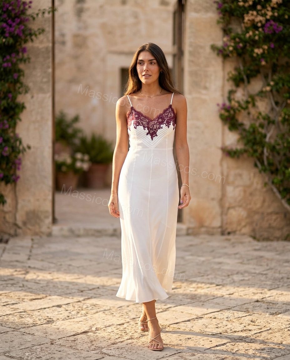 Ivory Whisper Wedding Guest Lace Midi Dress Ivory Midi Dress with Relaxed Fit silhouette and Satin texture, outdoor styling image for Wedding Guest, a cafe plan, Fall current summer selling first with a light late-summer/pre-fall accent: make it wearable by Massicos