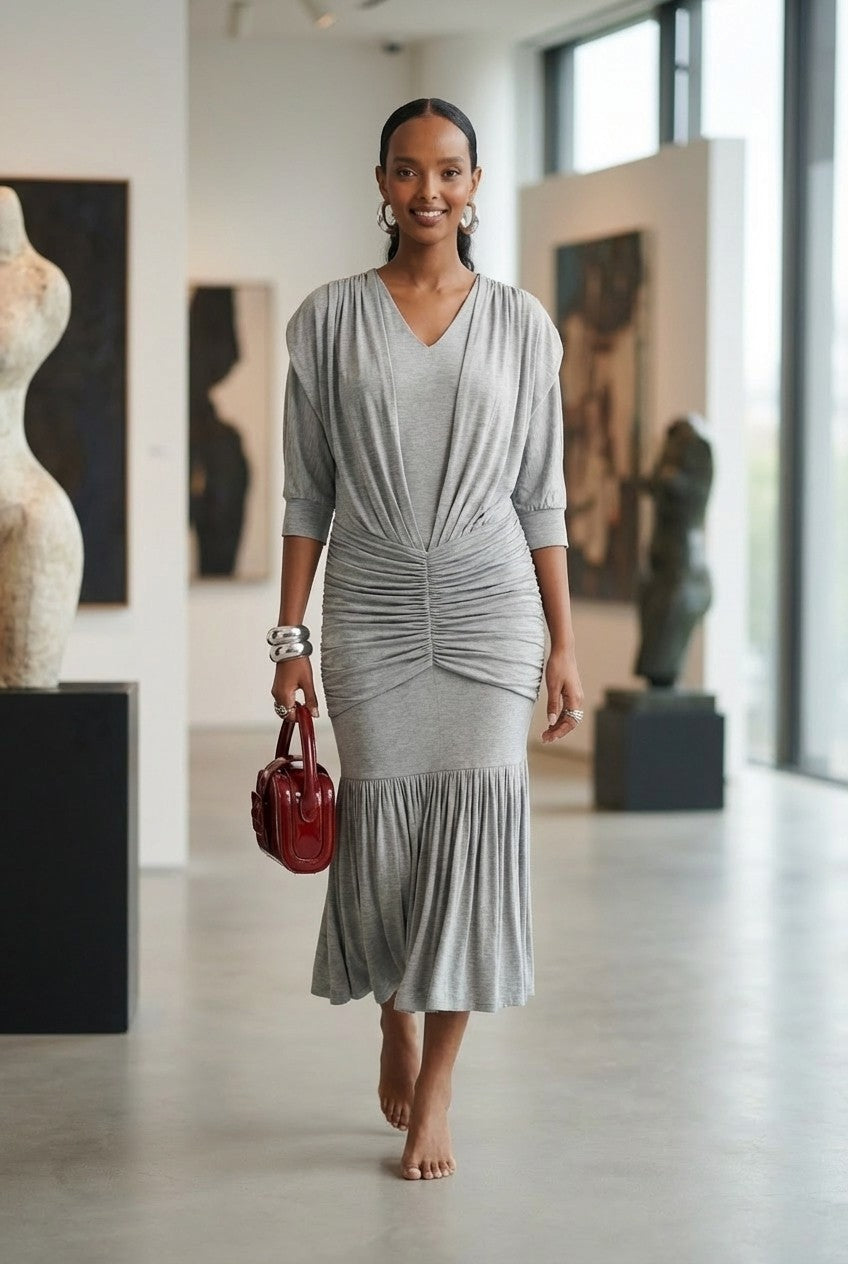 Women's Heather Jersey Ruched Midi Dress V-Neck Sophisticated Look