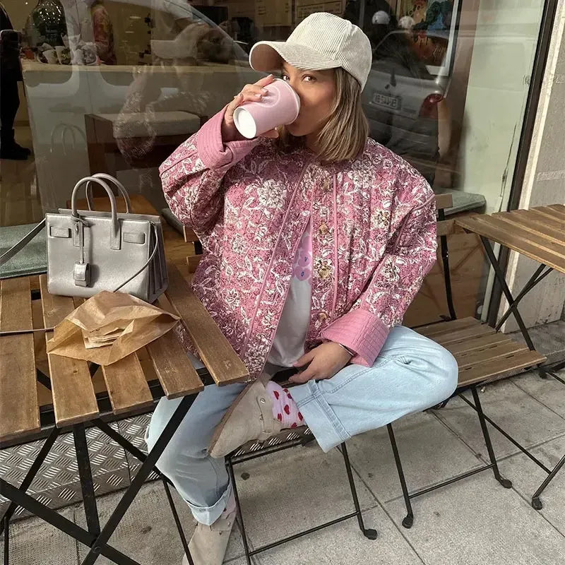 Street Retro Floral Print Style Quilted Jacket-CALLISTARI