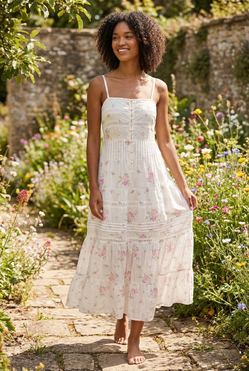 Floral Eyelet Cotton Midi Dress, Tiered Strappy Summer Sundress