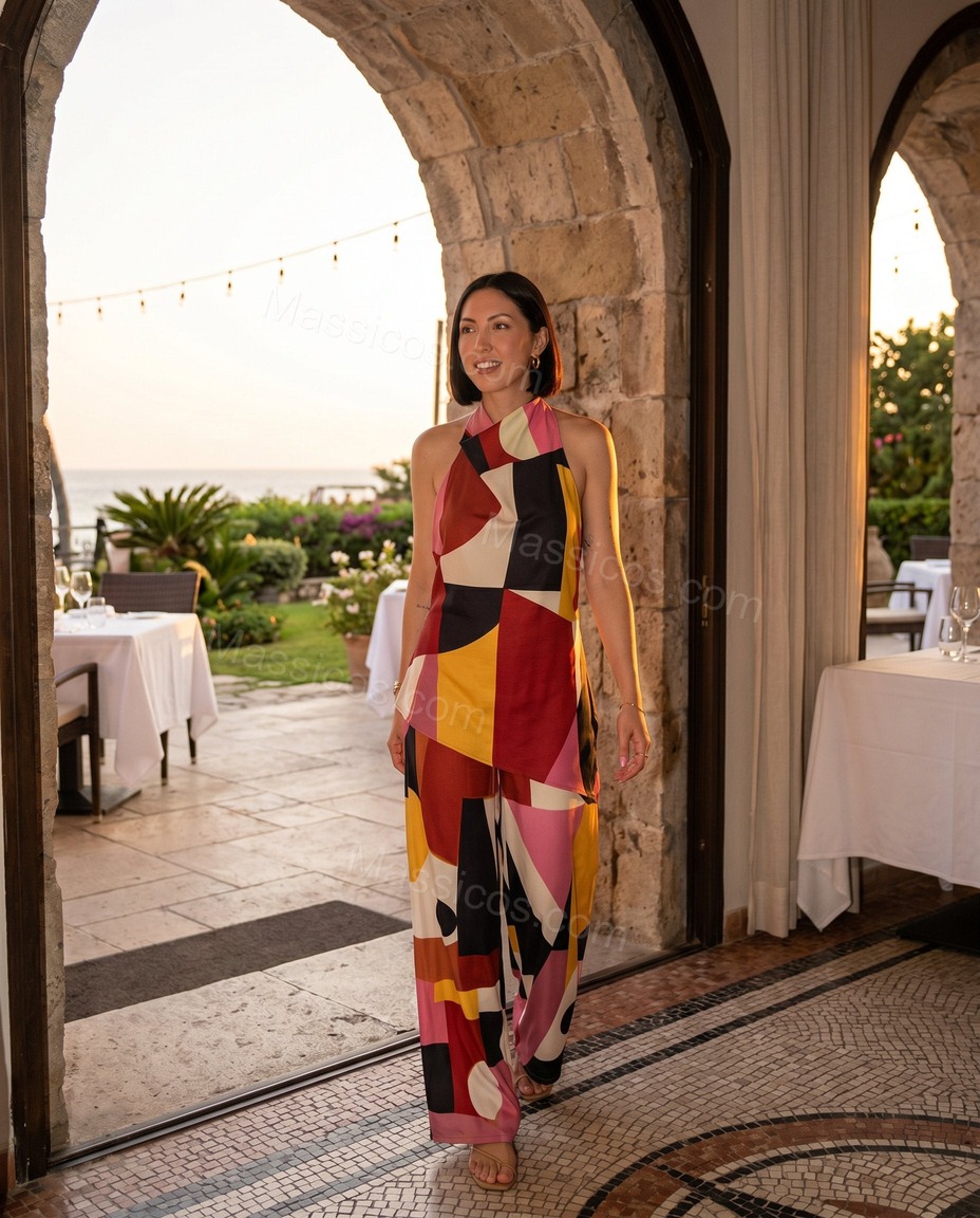 Red Solace Wedding Guest Abstract Print Jumpsuit Red Jumpsuit with Wide-Leg silhouette and Satin texture, editorial ecommerce scene for Wedding Guest, a fall city dinner, Fall current summer selling first with a light late-summer/pre-fall accent: make it by Massicos