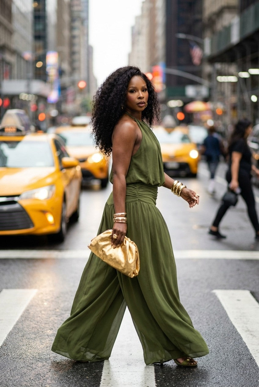 Olive Aura Draped Maxi Dress