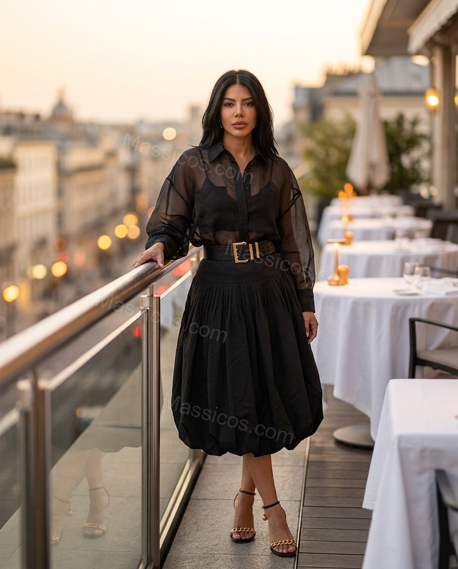 Black Muse Wedding Guest Pleated Skirt Set Black Skirt Set with Relaxed Fit silhouette and Textured texture, fabric and construction detail for Wedding Guest, a gallery evening, Fall current summer selling first with a light late-summer/pre-fall accent: m by Massicos