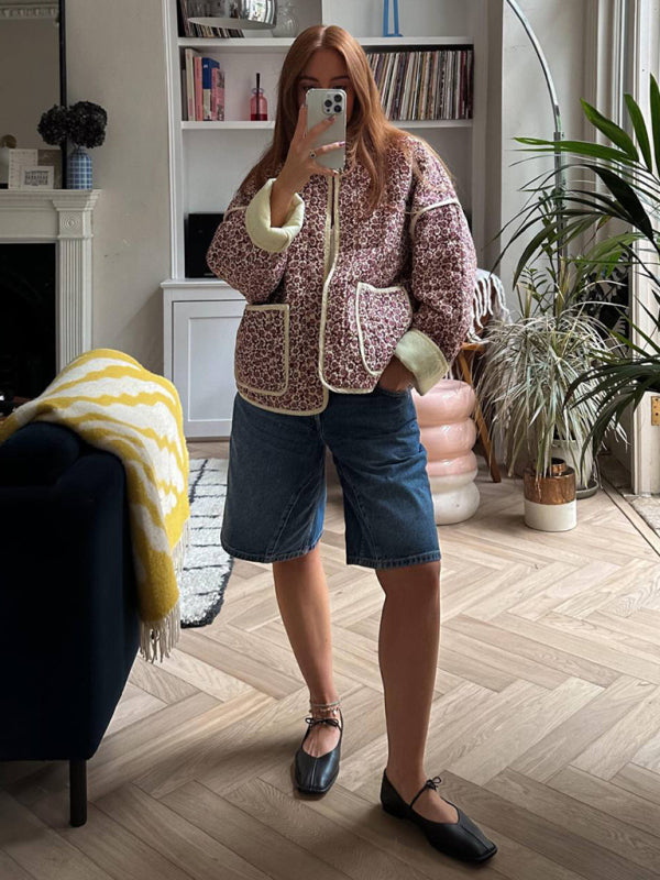 Small Floral Print Pocket Clip Cotton Drop Shoulder Jacket-CALLISTARI