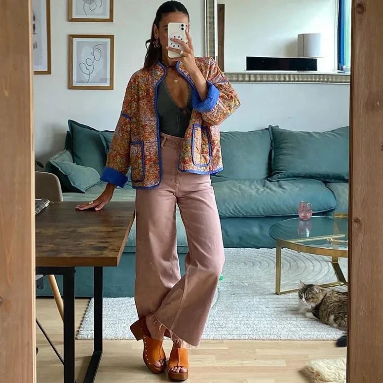 Small Floral Print Pocket Clip Cotton Drop Shoulder Jacket-CALLISTARI