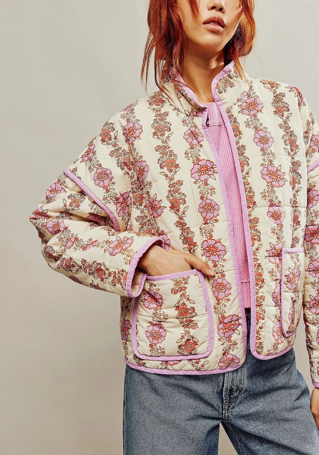 Flower Print Pocket Clip Cotton Drop Shoulder Jacket-CALLISTARI