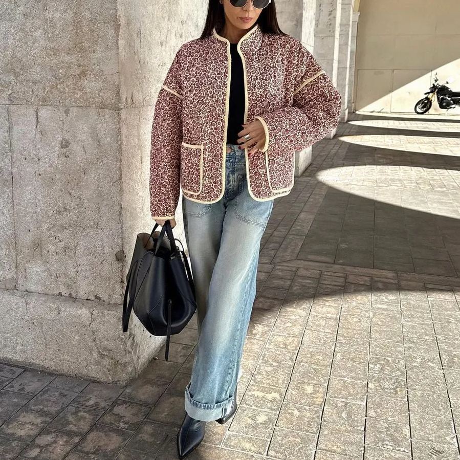 Small Floral Print Pocket Clip Cotton Drop Shoulder Jacket-CALLISTARI