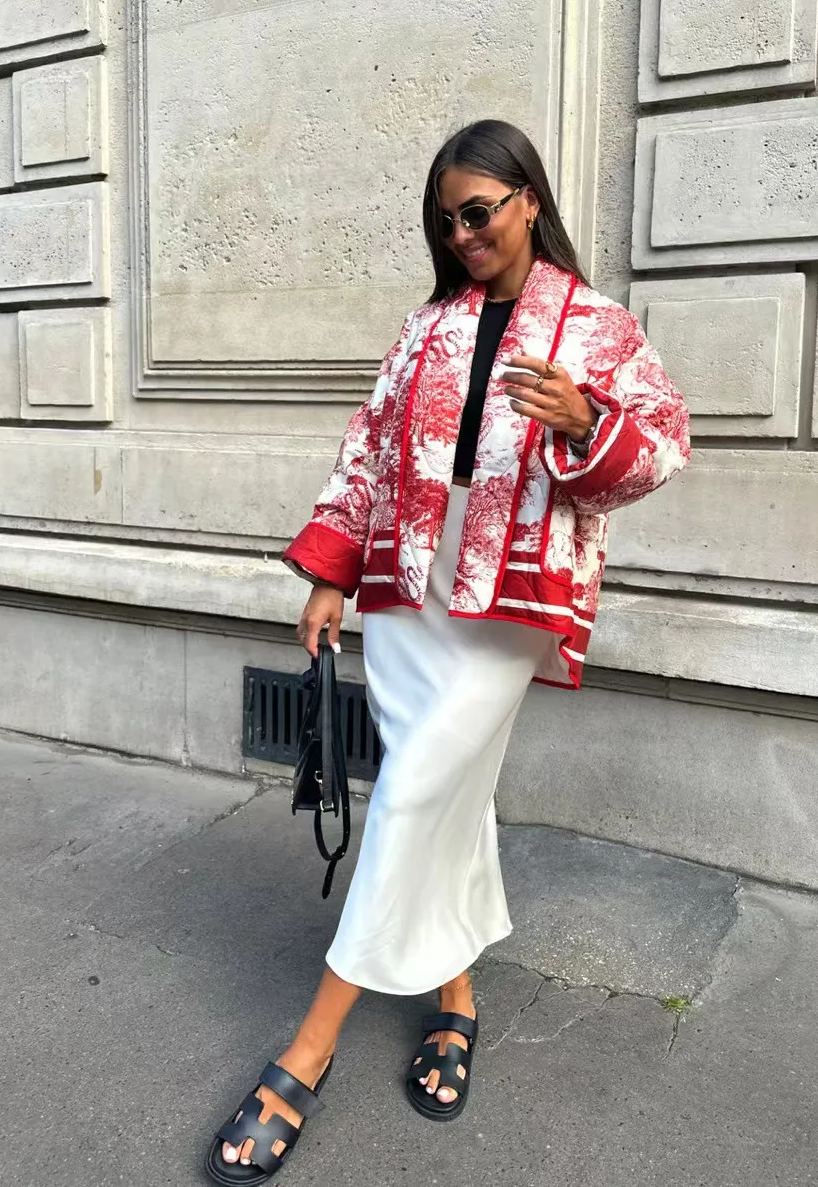 Vintage Ink Painting Print Quilted Oversized Jacket-CALLISTARI