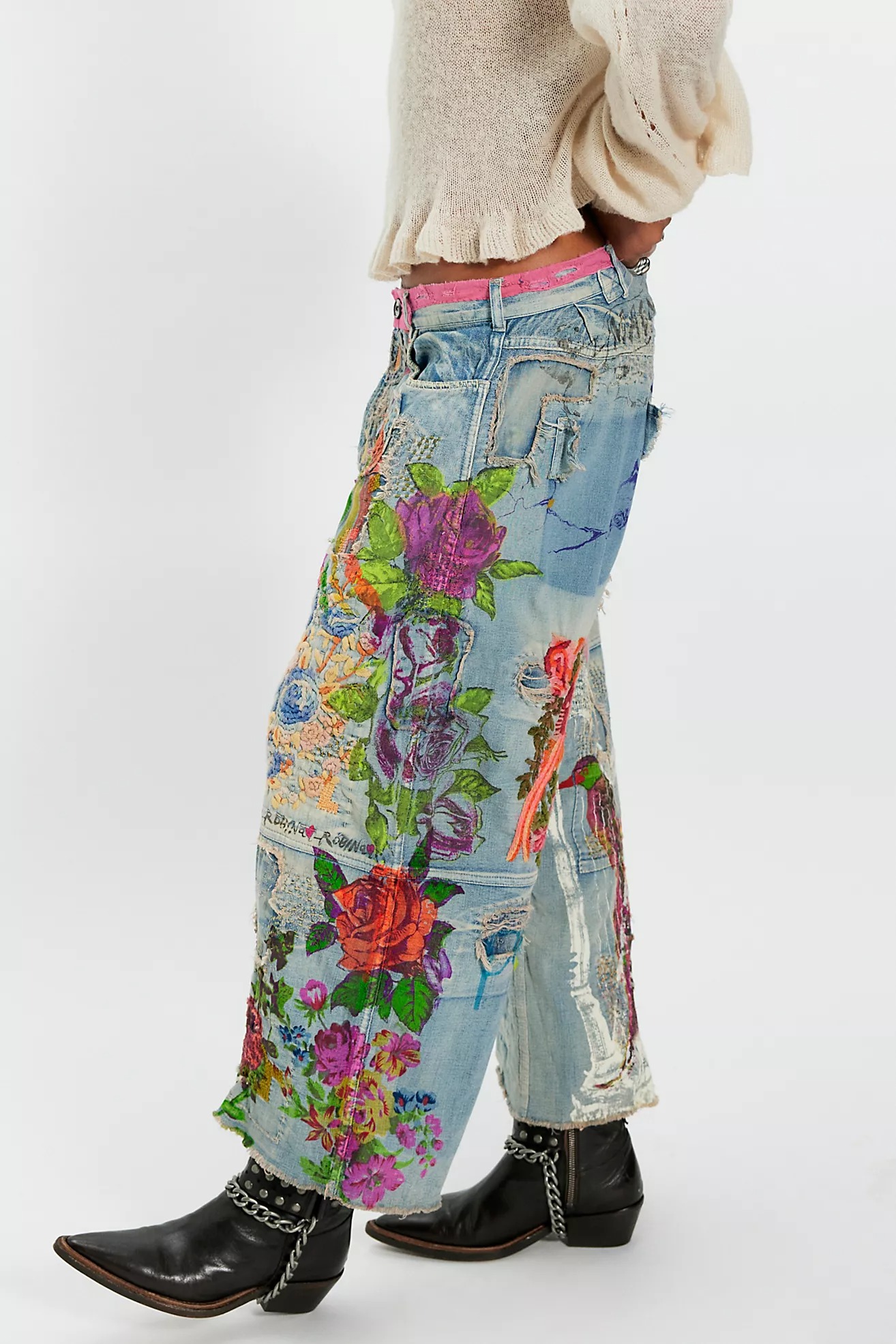 Hippie Graffiti Floral Drop Crotch Jeans