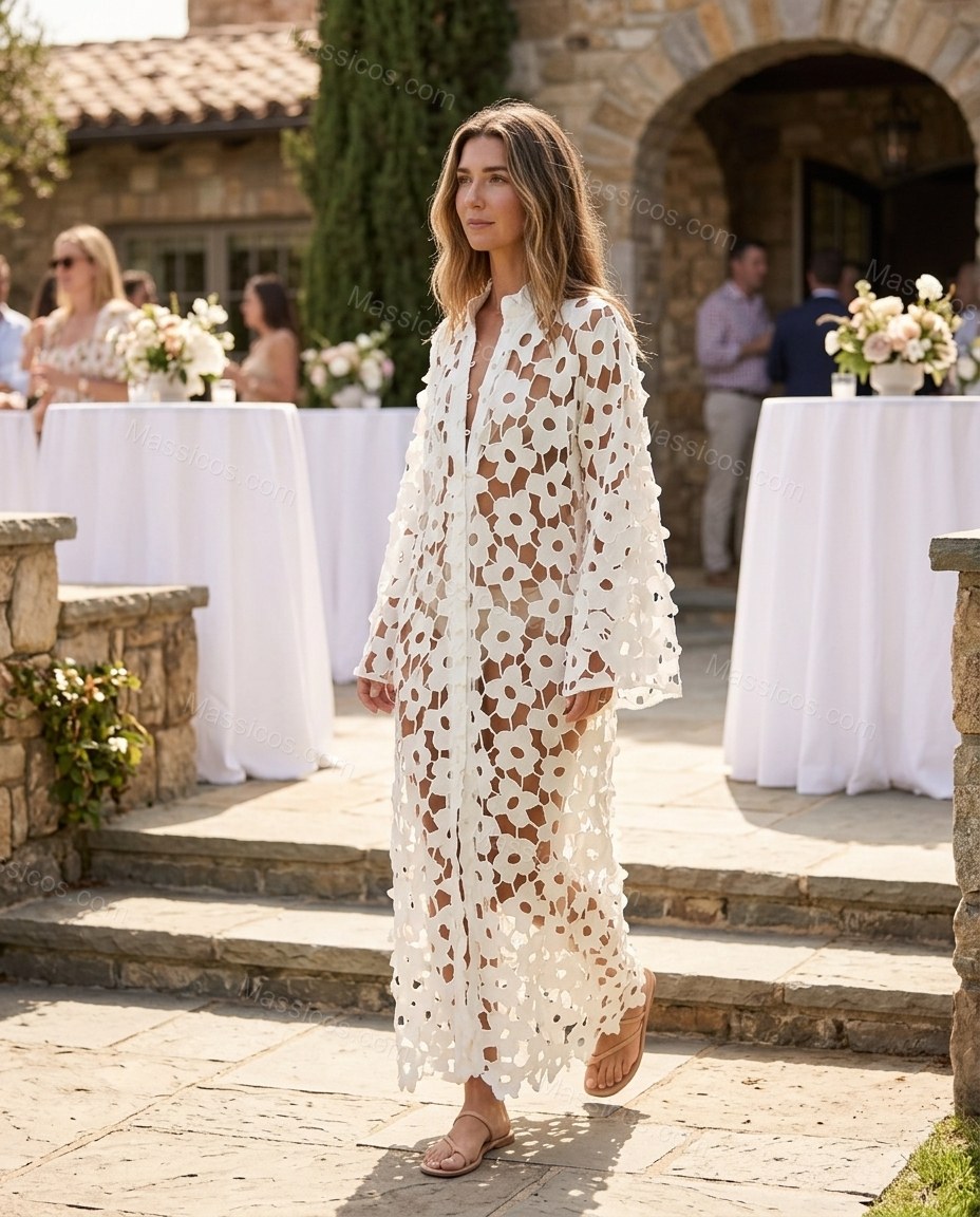 Ivory Poise Wedding Guest Eyelet Maxi Dress Ivory Maxi Dress with Relaxed Fit silhouette and Textured texture, lifestyle scene image for Wedding Guest, Weekend in The Hamptons, Summer current summer selling: vacation, resort dinner, wedding guest, festiva by Massicos