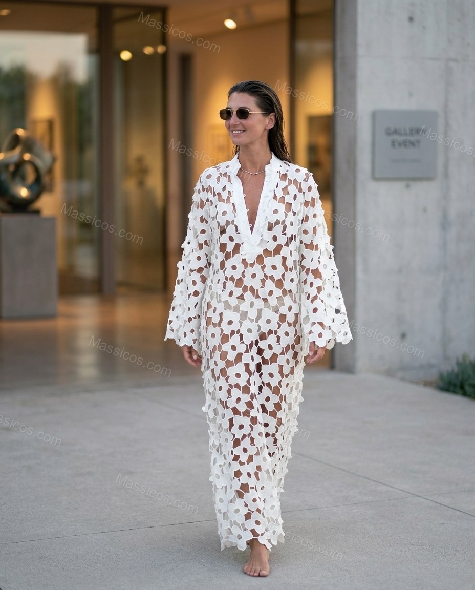 Ivory Poise Wedding Guest Eyelet Maxi Dress Ivory Maxi Dress with Relaxed Fit silhouette and Textured texture, outdoor styling image for Wedding Guest, Weekend in The Hamptons, Summer current summer selling: vacation, resort dinner, wedding guest, festiva by Massicos