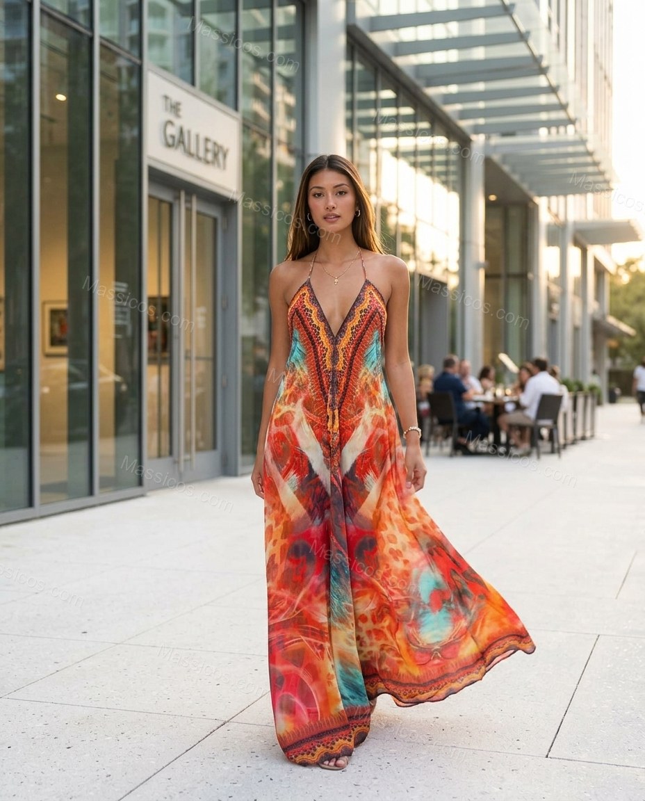 Orange Aura Wedding Guest Abstract Print Maxi Dress Orange Maxi Dress with Relaxed Fit silhouette and Textured texture, outdoor styling image for Wedding Guest, Sunset in Malibu, Summer current summer selling: vacation, resort dinner, wedding guest, festi by Massicos