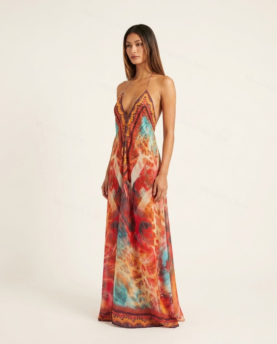 Orange Aura Wedding Guest Abstract Print Maxi Dress Orange Maxi Dress with Relaxed Fit silhouette and Textured texture, clean studio product view for Wedding Guest, Sunset in Malibu, Summer current summer selling: vacation, resort dinner, wedding guest, f by Massicos