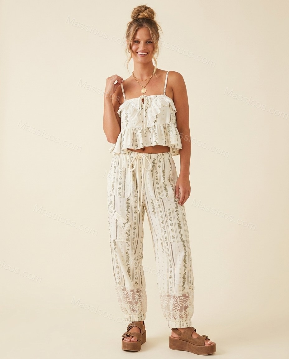 Ivory Whisper Terrace Dinner Lace Jumpsuit Ivory Jumpsuit with Cropped silhouette and Textured texture, front view product image for Pre-Fall, a fall city dinner, Fall current summer selling first with a light late-summer/pre-fall accent: make it wearable by Massicos