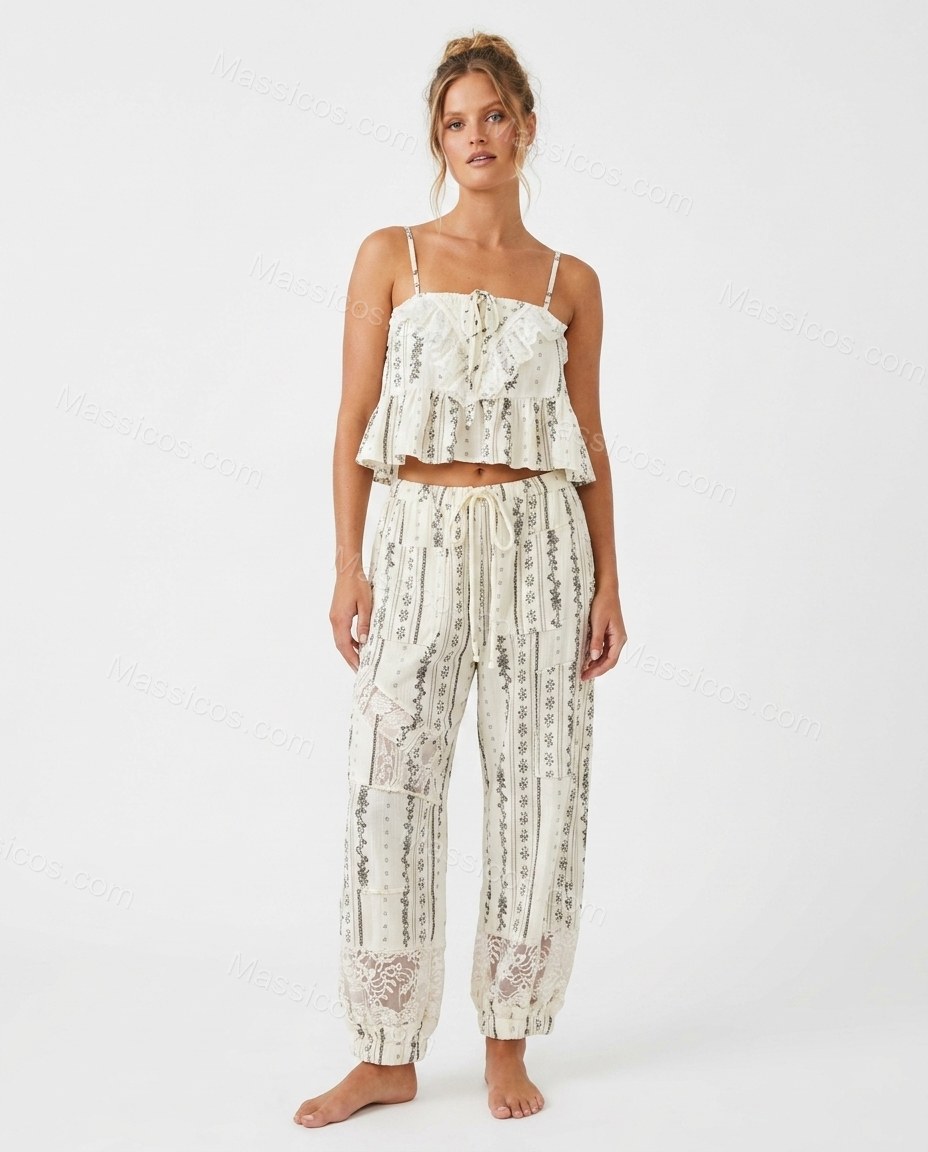 Ivory Whisper Terrace Dinner Lace Jumpsuit Ivory Jumpsuit with Cropped silhouette and Textured texture, clean studio product view for Pre-Fall, a fall city dinner, Fall current summer selling first with a light late-summer/pre-fall accent: make it wearabl by Massicos