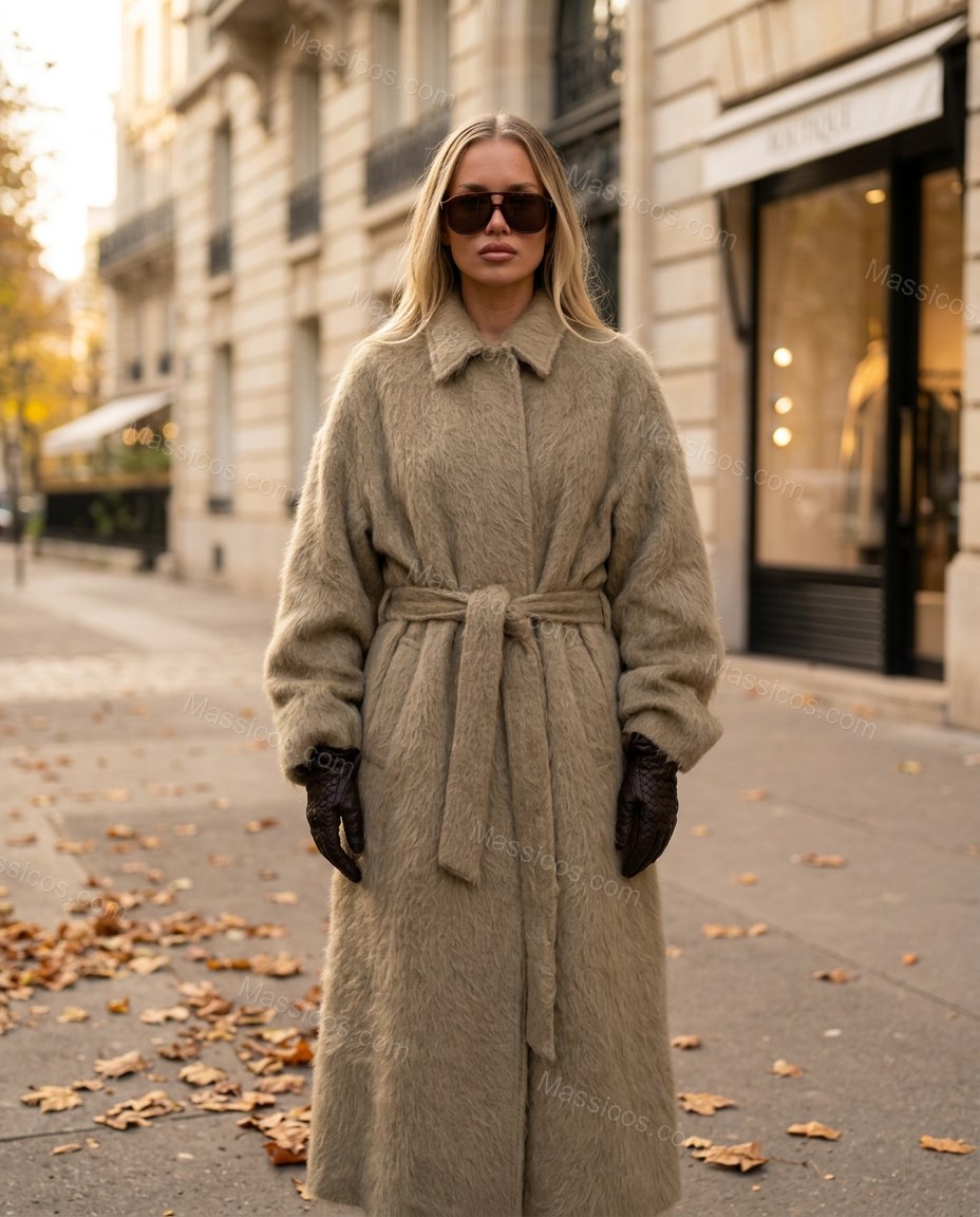 Muted Taupe Olive Coat, full-length hero view, by Massicos