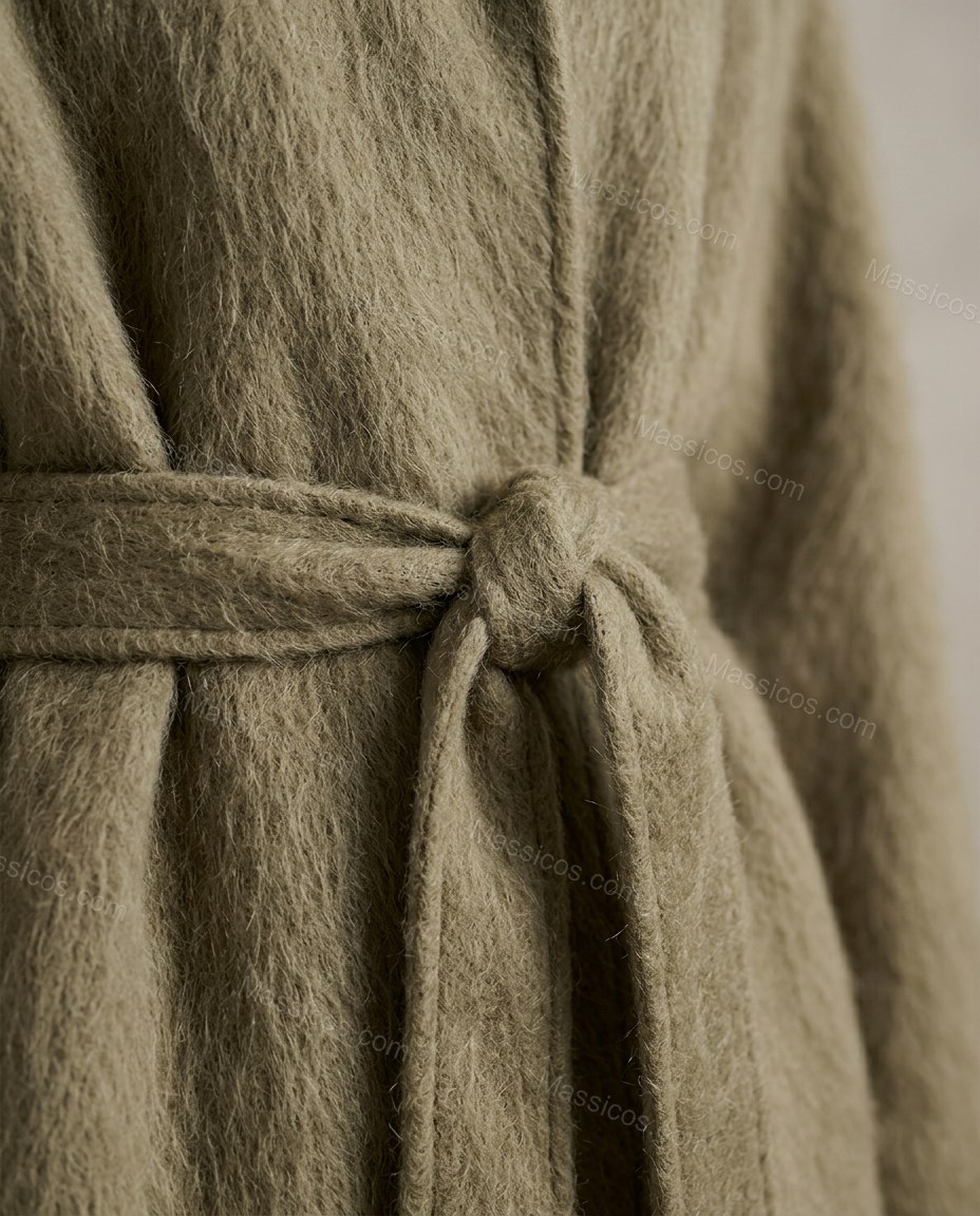 Muted Taupe Olive Coat, close-up of self-tie belt, notched lapel and broad folded collar, by Massicos