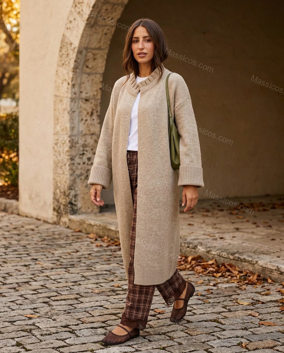 Warm Oatmeal Beige Knit Ribbed Cardigan, full-length hero view, by Massicos
