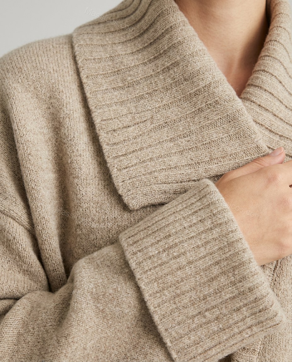 Warm Oatmeal Beige Knit Ribbed Cardigan, close-up of ribbed cuffs, ribbed hem and open front, by Massicos