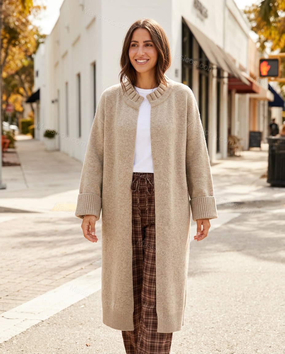 Warm Oatmeal Beige Knit Ribbed Cardigan, alternate use-case lifestyle view, by Massicos