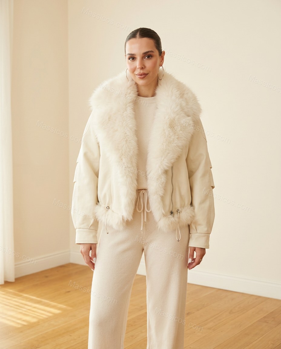 Ivory White Faux-Fur Jacket, full-length hero view, by Massicos