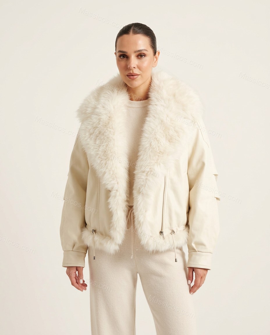 Ivory White Faux-Fur Jacket, front studio view, by Massicos