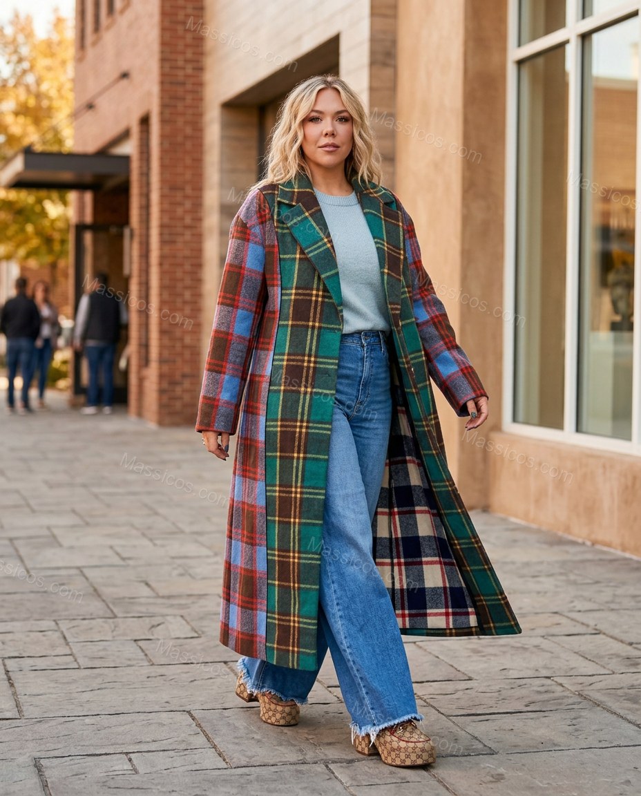 Green Blue Red Plaid Coat, alternate use-case lifestyle view, by Massicos