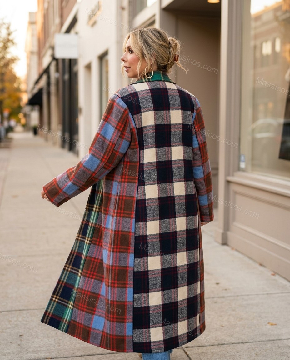 Green Blue Red Plaid Coat, three-quarter brand lifestyle view, by Massicos