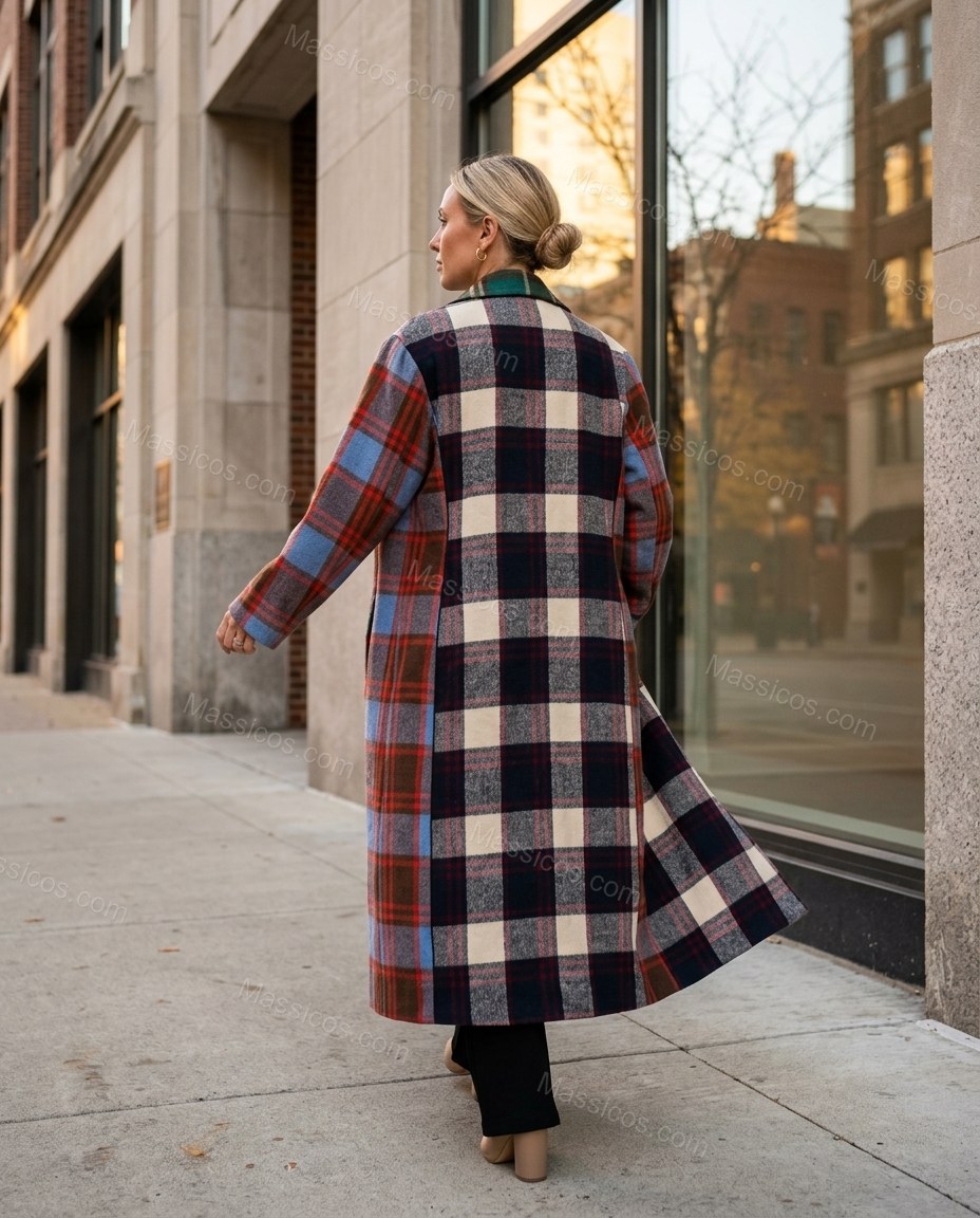 Green Blue Red Plaid Coat, walking lifestyle view, by Massicos