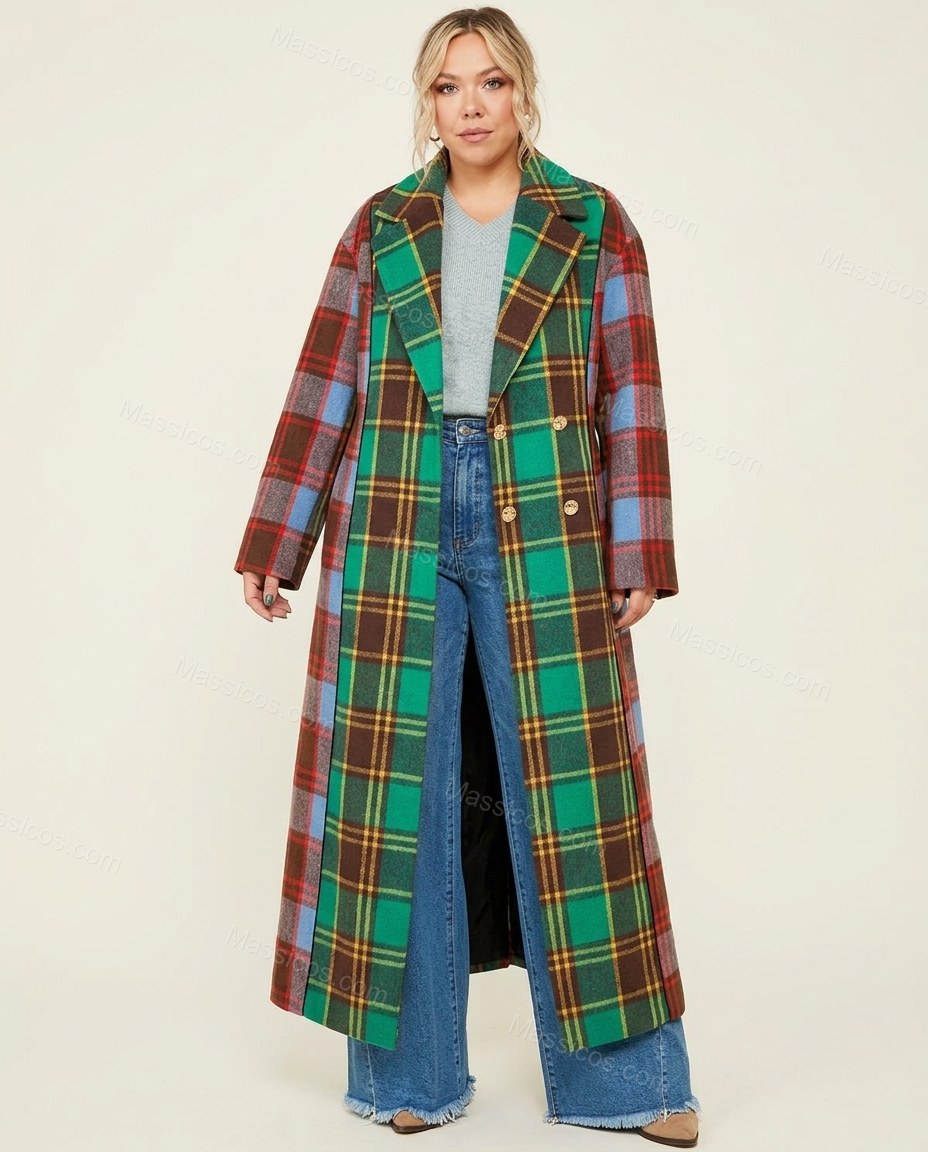 Green Blue Red Plaid Coat, front studio view, by Massicos